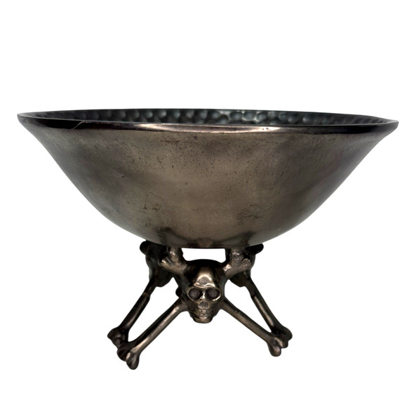 Gothic Hammered Metal Bowl Decorative Centerpiece Skull & Crossbones Base 10" - Picture 1 of 9